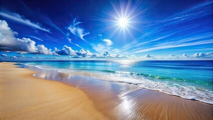 Sticker - Blue beach with brilliant sand reflecting the sunlight, ocean, waves, shore, seaside, vacation, tropical, relaxation, sunny