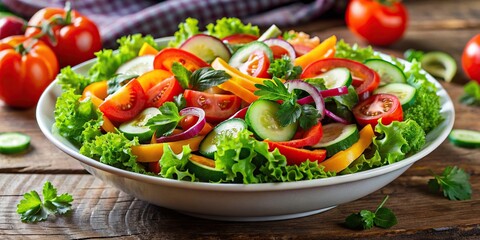 Wall Mural - A fresh and colorful vegetable salad with lettuce, tomatoes, cucumbers, carrots, and bell peppers, healthy, vegetarian, food, salad