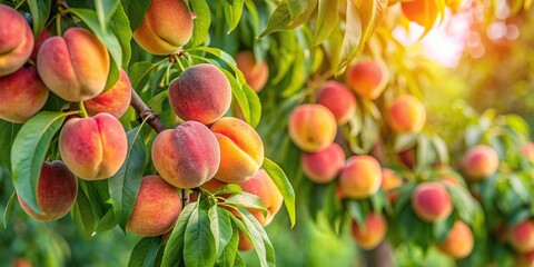Canvas Print - Branches of tree with ripe peaches hanging , peaches, tree, branches, ripe, fruit, orchard, harvest, fresh, summer, agriculture