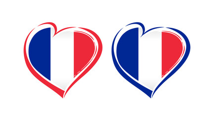 Wall Mural - Set of French heart icons. Brushing stroke frame and flag of France. Blue, white and red colours. Sport logo concept. Modern design. Awards concept. Web button. Advertising element. T shirt graphic.