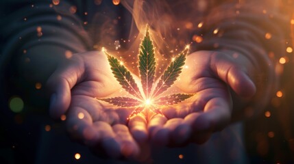 Sticker - A glowing cannabis leaf in the hands over dark background