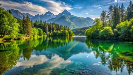 Wall Mural - A serene and tranquil lake surrounded by lush green trees and mountains in the background, lake, serene, tranquil, nature