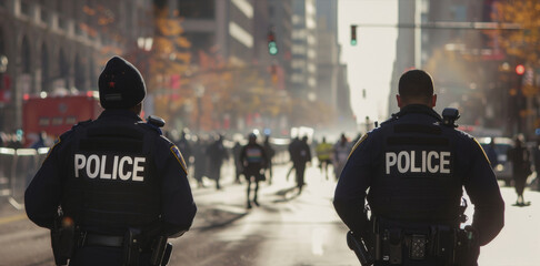 Wall Mural - Police officer on active duty patrolling in a busy city street