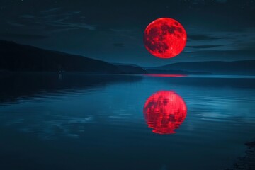 Wall Mural - The red moon illuminating a serene lake, its reflection creating a perfect, surreal mirror image on the calm water surface under the dark, starless sky.