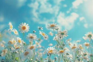 Wall Mural - A field of white flowers with a blue sky in the background,, generative ai image