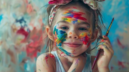 Happy little girl playing with paint