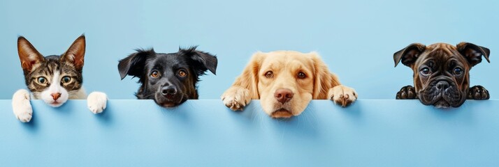 Wall Mural - Cute dog and cat peeping with plain background.