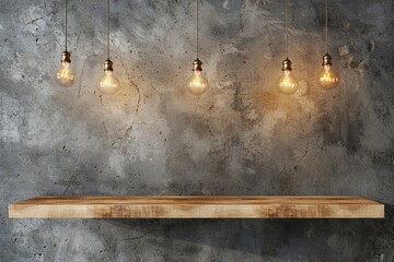 Poster - Mock up for displaying or montaging a product or design with an empty brown wood plank board shelf at a grunge concrete wall