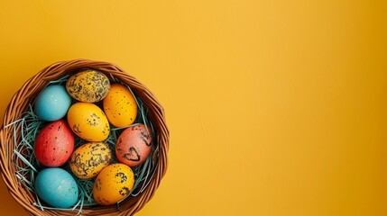 Wall Mural - top view of a full basket of colorful easter eggs over yellow background.