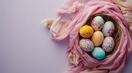 Wall Mural - top view of beautiful easter eggs with scarf on table