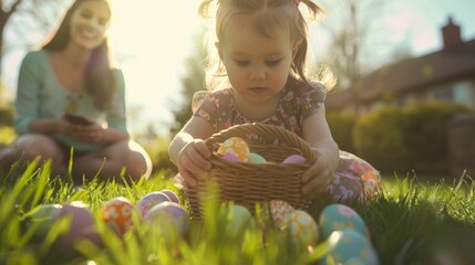 Wall Mural - kids picking up beautiful easter eggs at outdoor lawn