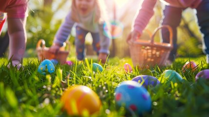 Wall Mural - kids picking up beautiful easter eggs at outdoor lawn