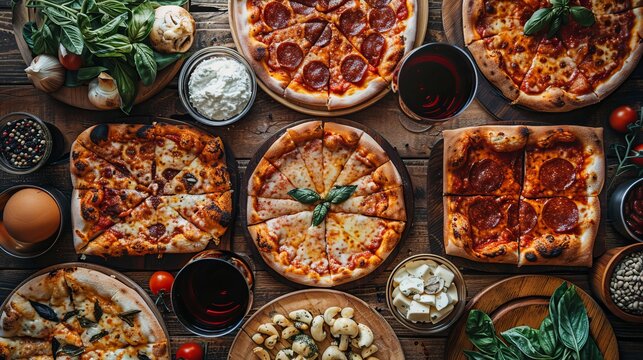 Flat-lay of people eating pizza and drinking red wine at a pizza party dinner. People eating pizza and drinking wine at a rustic wooden table. Fast food lunch, celebration.