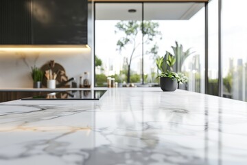 Poster - Marble top table with wooden platform and copyspace for your logo on blurry kitchen utensils and dishes on light wall background.