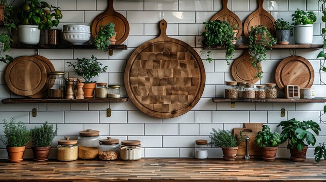 In the background is a green plant on a white kitchen wall. Brass utensils, chef accessories. Hanging kitchen with white tiles wall and wood tabletop.