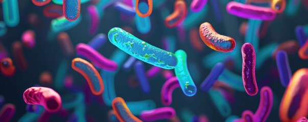 Colorful microscopic bacteria floating in a dark background, showcasing vibrant and detailed microorganism structures.