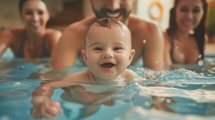 Dad mom and smiling baby in swimming pool.