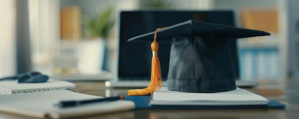 Diploma and graduation hat with laptop and notebook, digital age