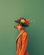 © takkan - A Shiba Inu in a fashionable hat and jacket poses against a green background