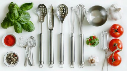 Wall Mural - A collection of stainless steel kitchen utensils and fresh cooking ingredients like basil, tomatoes, and garlic arranged on a pristine white counter table, ready for meal preparation.