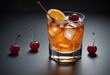© SR07XC3 - Generative cocktail with rum and whiskey served on the rocks with orange and cherry garnish