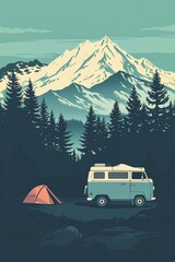 Wall Mural - Vintage retro poster of outdoor theme with camper van mountain forest.