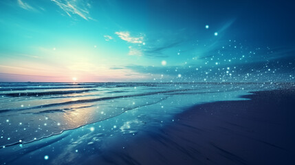 Wall Mural - The seashore , a sandy beach illuminated by shining lights and lines