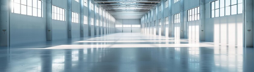 Spacious empty warehouse interior with large windows and natural light, ideal for industrial, storage, or commercial purposes.