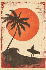 Wall Mural - Vintage retro poster of a surfer with a surf board  in tropical beach