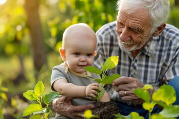 A Senior man and baby holding young plant in hands