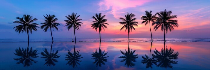 Wall Mural - Palm tree silhouette with water reflection at sunset