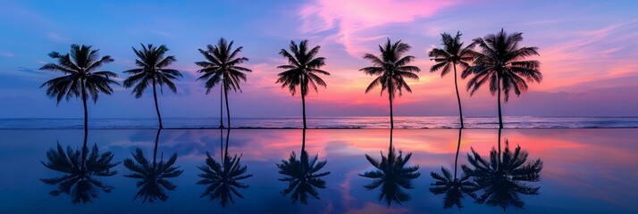 Palm tree silhouette with water reflection at sunset