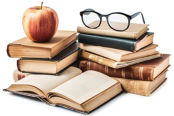 Wall Mural - books with apple isolated on white