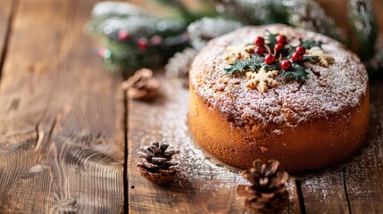 Wall Mural - Close up of traditional Christmas cake on wooden table with space for text