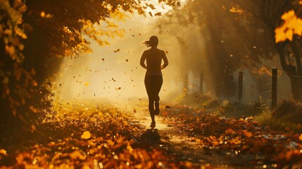 Wall Mural - An athletic female jogging in colorful Autumn woods with warm sunlight