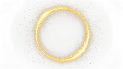 Golden circular frame with sparkles and flares, featuring abstract luminous particles and a yellow stardust light effect on a dark background. Christmas glares and sparks create a luxurious backdrop