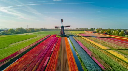 Wall Mural - Beautiful colorful tulip field and traditional windmill in country side.