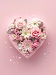 Wall Mural - Pink Background Heart Shaped Box With Flowers