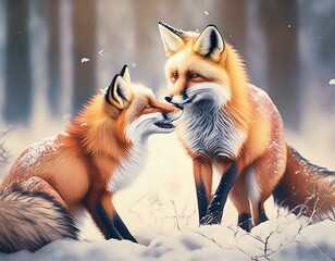 Wall Mural - A pair of red foxes, playfully interacting in a snowy forest, with their fur contrasting sharply against the white snow and their bushy tails creating a dynamic composition.

