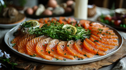 Canvas Print - A plate of salmon and greens with a lemon wedge on top. The plate is on a wooden table