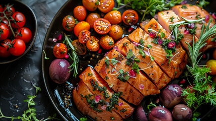 A piece of salmon garnished with fresh parsley and a sprinkle of black pepper, creating an appetizing and elegant dish.