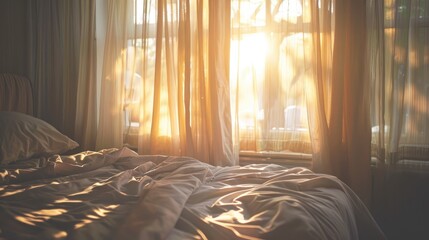 Poster - Morning sunlight filtering through bedroom curtains