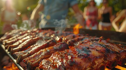 Wall Mural - A BBQ grill with sizzling meat, surrounded by people enjoying the outdoor gathering