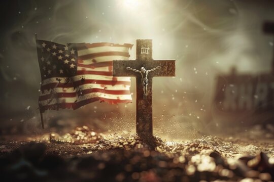 A cross with an American flag in the background
