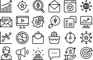 Marketing concept editable stroke outline icons set isolated on white background flat vector illustration