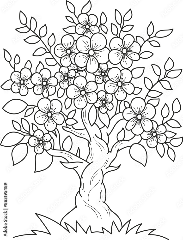 Summer Tree Colour In Coloring page outline of the cartoon tree with flowers. Colorful vector ...