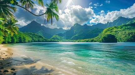 Wall Mural - Beautiful tropical beach with clear water and green mountains in the background