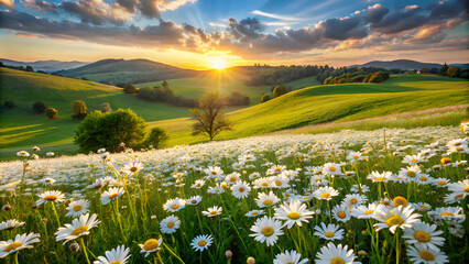 Wall Mural - Beautiful spring and summer natural panoramic pastoral landscape with blooming field of daisies in the grass in the hilly countryside.
