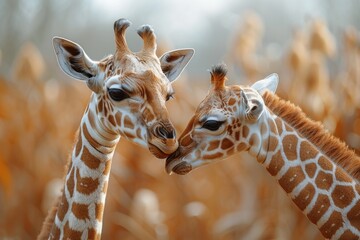 Two Adorable Baby Giraffes Sharing a Moment with Bokeh Background in Nature