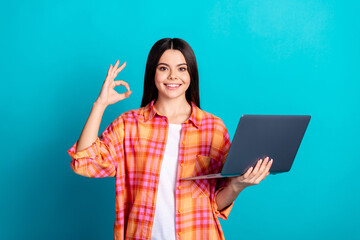 Sticker - Portrait of nice girl laptop show okay symbol wear checkered shirt isolated on turquoise color background